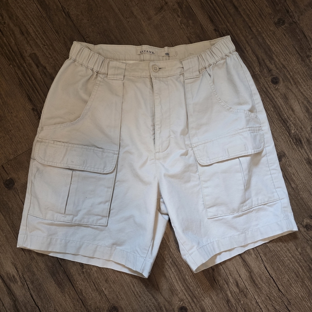 Savane Men's Light Khaki Cargo Shorts with Pockets And Elastic Waist- 32W